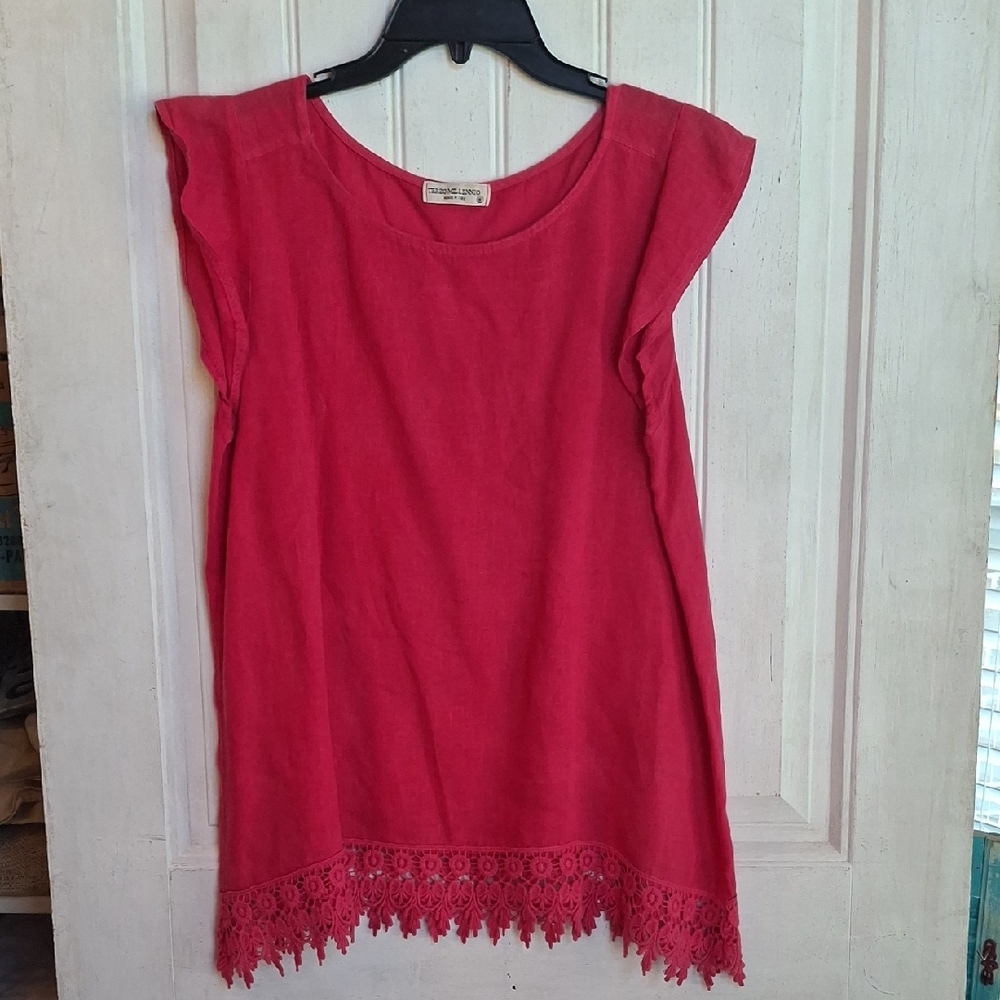 Terzo Millennio Hot Pink Linen Flutter Sleeve Lace Trim Top